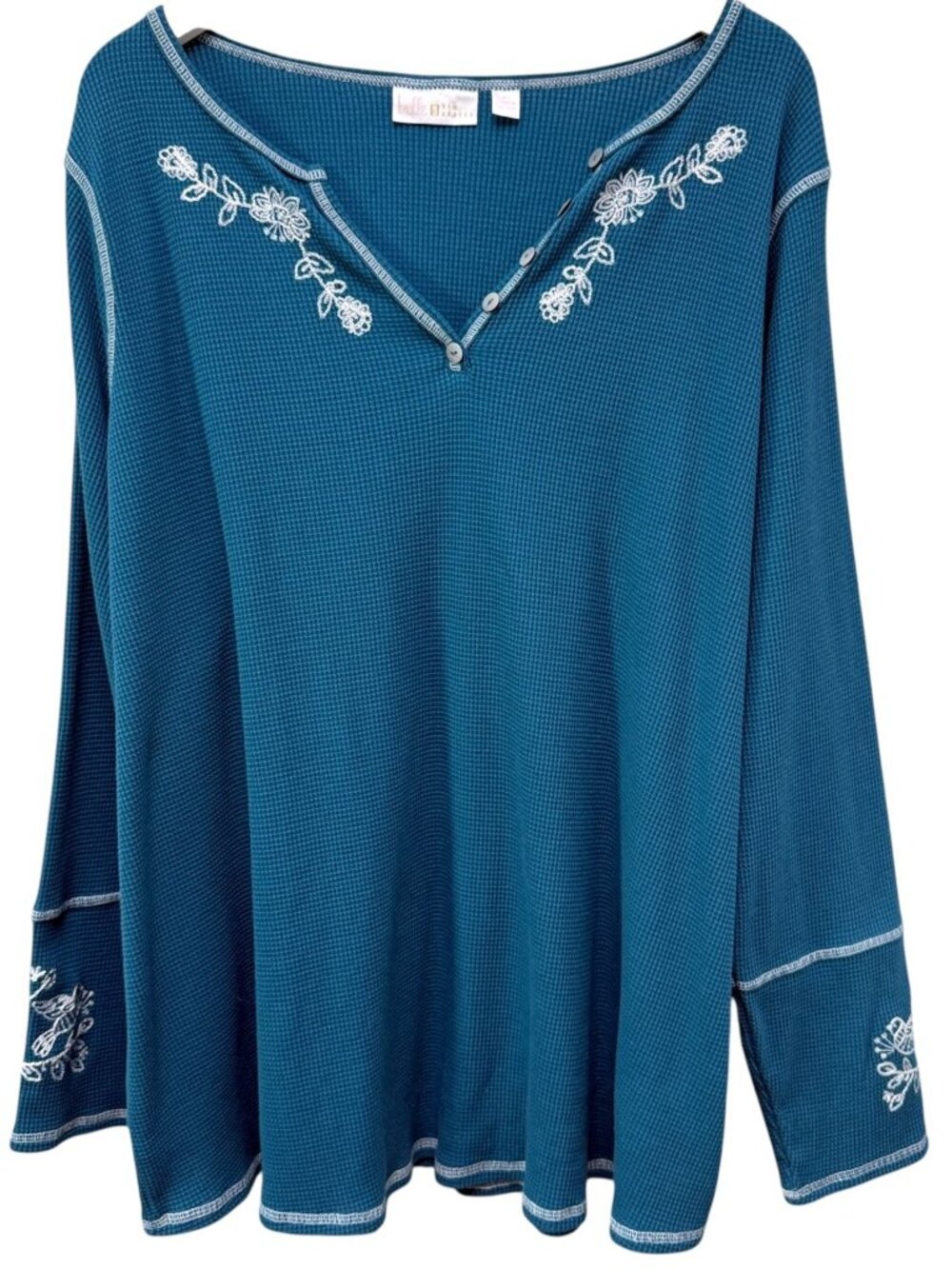 BELLE Kim Gravel Waffle Knit Top Plus Size 4X Teal Blue Embroidered Henley Tunic